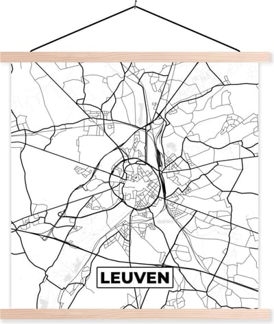 Posterhanger incl. Poster 40x40 cm - Schoolplaat - Kaart – Plattegrond – Stadskaart – Leuven – België – Zwart Wit - Textielposter - Blanke latten - Stadskaart