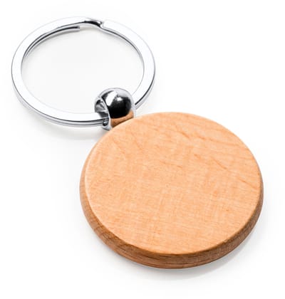 5 Sleutelhangers van natuurlijk hout rond met metalen ring. Ideaal voor laserprinten. Model Sila