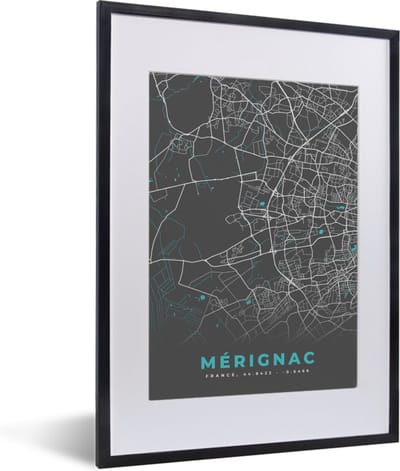 Fotolijst incl. Poster - Mérignac – Plattegrond – Frankrijk – Kaart – Stadskaart - 30x40 cm - Posterlijst