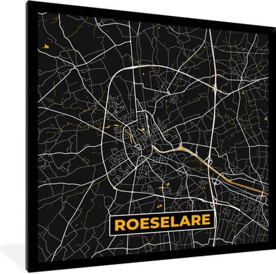 Fotolijst incl. Poster - Roeselare - Stadskaart - Plattegrond - Goud - Kaart - 40x40 cm - Posterlijst