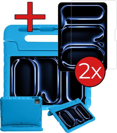 Hoesje - Geschikt voor Apple iPad Pro (2024/2025) - 13 inch - Met 2x Screenprotector - Kinderhoes - Shockproof Bumper - Kidsproof Case - Tablethoes - Kinder Hoes Cover - Blauw