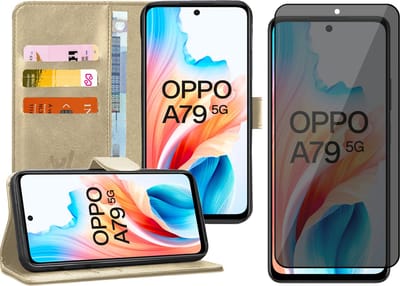 Hoesje geschikt voor Oppo A79 - Privacy Screenprotector Volledig Dekkend Glas - Portemonnee Book Case Goud