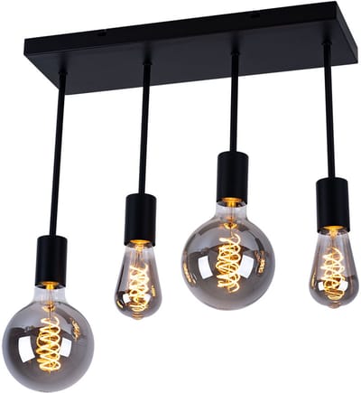 Plafondlamp Hanglamp Hanglamp Eetkamerlamp, 4 vlammen, zwart metaal, 4x E27 stopcontacten, LxBxH 45x15x34cm