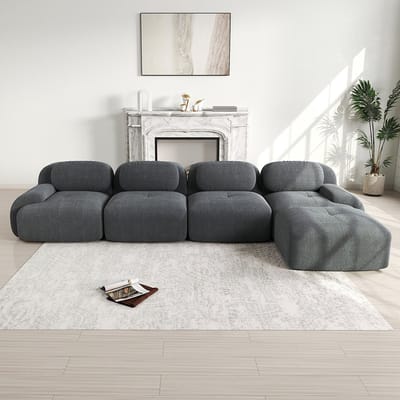 Pugsdrly Hoekbank met 4 zitplaatsen en zeer elastische 32D-vulling, antislip, met chaise longue, extra brede armleuningen, vrij te combineren, zonder montage, voor kantoor, woonkamer en thuisbioscoop, grijs