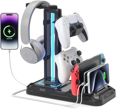 Hoofdtelefoonstandaard met Oplaadstation - Afneembare Controllerhouder met 9 Verlichtingsmodi, Draaibare Hanger en USB Oplaadpoorten voor PC Gaming Accessoires en Organisatie