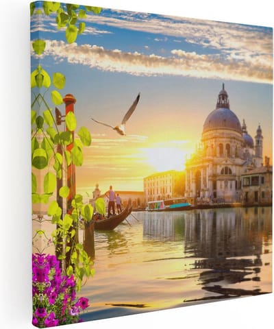 Artaza Canvas Schilderij Zonsondergang - 30x30 cm - Klein - Muurdecoratie Italië - Wanddecoratie Bloemen - Kamer Accessoires Gondel