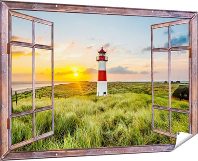 Gards Tuinposter Doorkijk Vuurtoren met Zonsopgang op een Eiland - 180x120 cm - Tuindoek - Tuindecoratie - Wanddecoratie buiten - Tuinschilderij