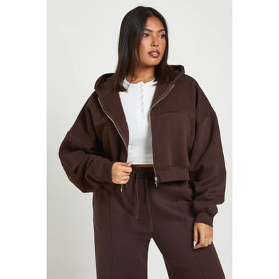 boohoo Dames Plus Core Basic Boxy Ballonmouw Oversized Hoodie met doorlopende rits | Chocoladebruin | Maat: 44