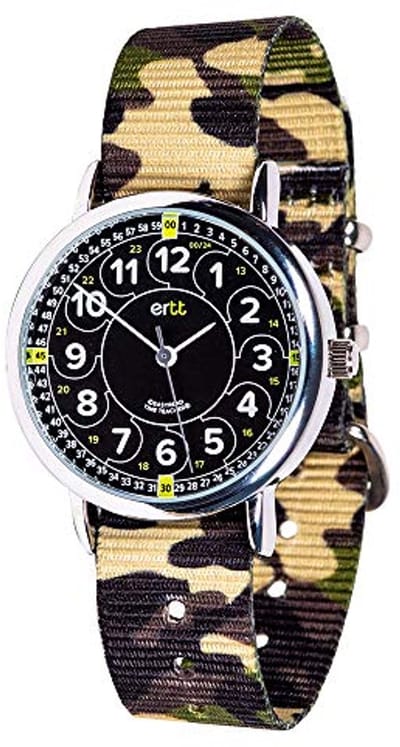 Kinderhorloge Leren - Tijd Leren - Klok Lezen - Twee Stappen Systeem - 21.5 cm - Groen Camouflage