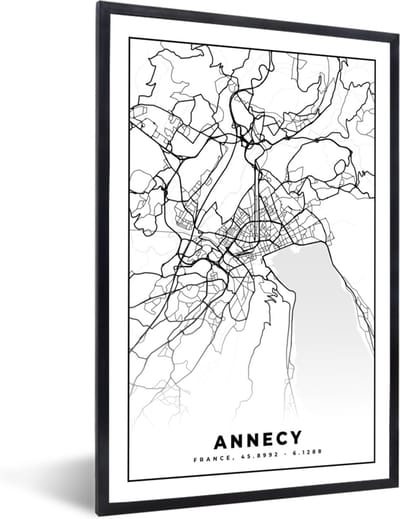 Fotolijst incl. Poster Zwart Wit- Stadskaart - Annecy - Plattegrond - Kaart - Frankrijk - Zwart wit - 40x60 cm - Posterlijst