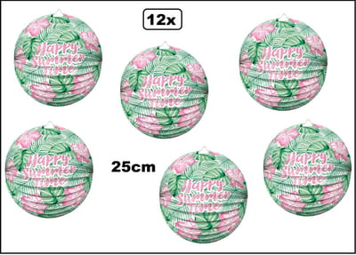 12x Lampion HAPPY SUMMER TIME 25cm - Tropical festival thema feest verjaardag party papier BBQ strand licht fun beach