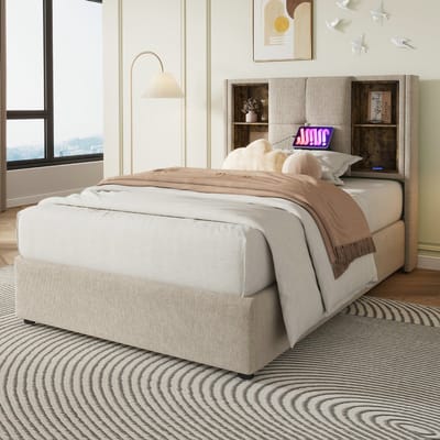 VVBV Opbergbed Gestoffeerd 90x200 cm met Houten Lattenbodem, Lattenbodem - Draadloos Laden - Hout/Linnen - Zonder Matras