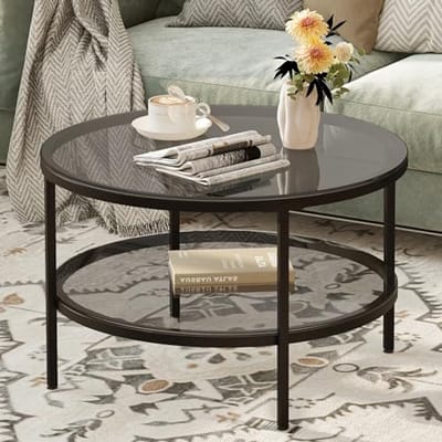 Ronde Glazen Koffietafel met Opbergruimte - 66cm Modern Accent Tafel voor Woonkamer en Slaapkamer