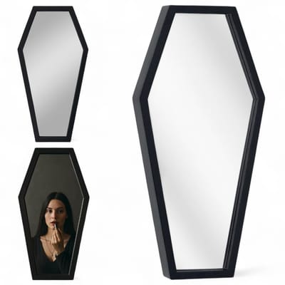 Dailygoods- Wandspiegel Doodskistvorm - Houten Spiegel - Matzwart - 38 x 18 x 1,2 cm - Decoratie voor Badkamer/Slaapkamer - Stijlvolle Diepte - Decoratiespiegel
