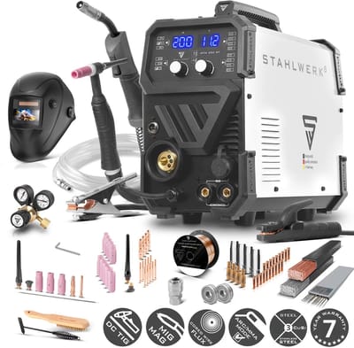 STAHLWERK MTM-200 ST 3-in-1 volledig uitgerust gasbeschermd lasapparaat | 200 A combi-omvormer voor TIG, MIG/MAG, MMA, FLUX, CuSi3 solderen | HF ontsteking | synergische draadaanvoer | VRD en warme start | 2-takt / 4-takt modus
