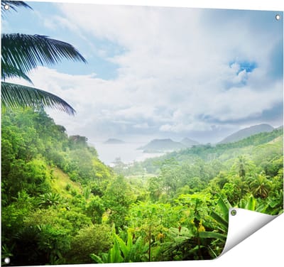Gards Tuinposter Jungle Uitzicht op de Seychellen - 100x80 cm - Tuindoek - Tuindecoratie - Wanddecoratie buiten - Tuinschilderij