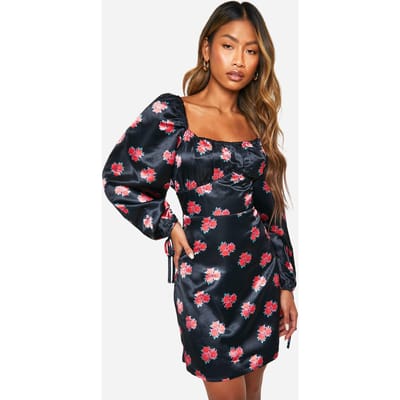 boohoo Dames Floral Puff Sleeve Mini Dress | Zwart | Maat: 36