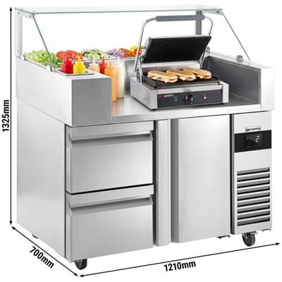 GGM Gastro Zubereitungstisch - 1210mm - 1 Tür & 2 Schubladen - für 9x GN 1/6 - inkl. Kontaktgrill Zilver