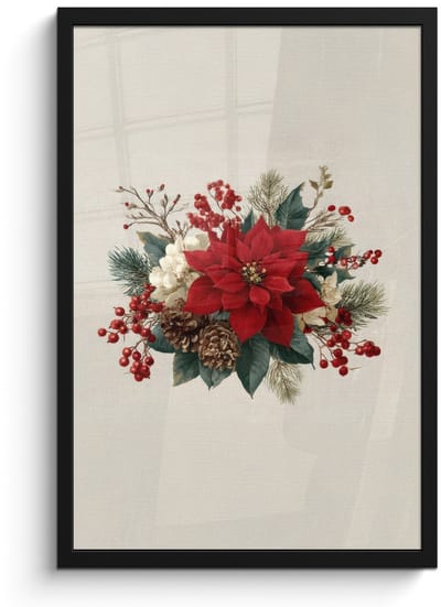 Poster in lijst - Fotolijst 40x60 cm - Posters - Kerststuk - Pointia - Dennenappels - Rood - Posterlijst zwart - Decoratie - Wanddecoratie woonkamer - Muurdecoratie slaapkamer - Kerstversiering - Kerstdecoratie voor binnen - Kerstmis