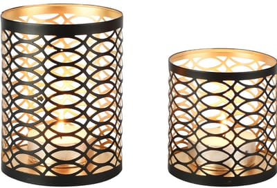 Dekoratief | Set 2 Waxinelichthouders 'Cascada Spiral', zwart/goud, metaal, 10x10x14cm | A258094