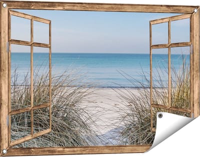 Gards Tuinposter Doorkijk Strand en Zee vanuit de Duinen - 90x60 cm - Tuindoek - Tuindecoratie - Wanddecoratie buiten - Tuinschilderij