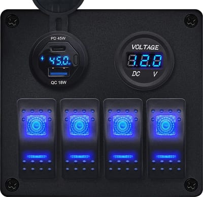 ProRide Schakelpaneel 12V voor Auto/Boot - USB/USB C Lader 2 Poorten met Wattagemeter - 45W - QC3.0 - 4 Schakelaars