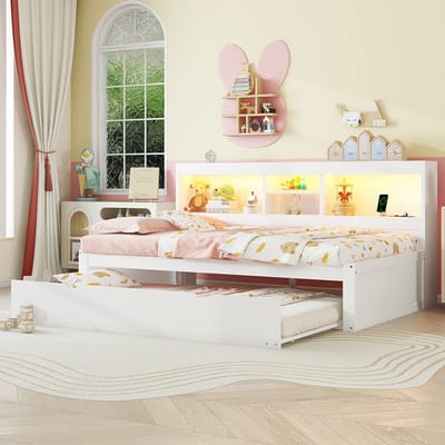 Komhtom Volwassen bed Gecombineerd bed Nestbed 90x200 cm afstandsbedienbare sfeerverlichting opbergruimte aan de zijkant stopcontact + USB wit