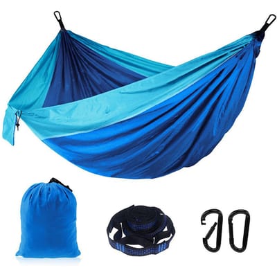 Camping dubbele hangmat voor 2 personen Draagbare buitenhangmat voor wandelen, backpacken, reizen donkerblauwe kleur/lichtblauwe kleur
