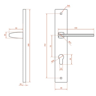 Kuchinox Zambia deurkruk op lang schild, mat satijn, 72mm, sleutelgat