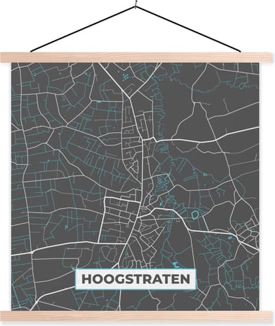 Posterhanger incl. Poster 40x40 cm - Schoolplaat - Kaart – Plattegrond – Stadskaart – Hoogstraten – België - Grijs - Textielposter - Blanke latten - Stadskaart