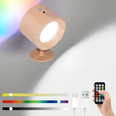 Nachtlampje - Magnetische LED Wandlamp - 3 Kleurtemperaturen & RGB 7 Kleuren - Houtlook Uitvoering - Boven- en onder ontwerp met dubbele lichtbron -Wandlampen - Draadloze LED-strip - Met afstandsbediening - Oplaadbaar - 2000mAh - 1st