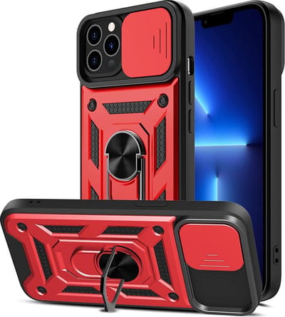 Hoesje Geschikt voor iPhone 13 pro Hoesje met Camera Bescherming Rood – met ring houder Rugged Armor Back Cover - Case - Camera Schuif