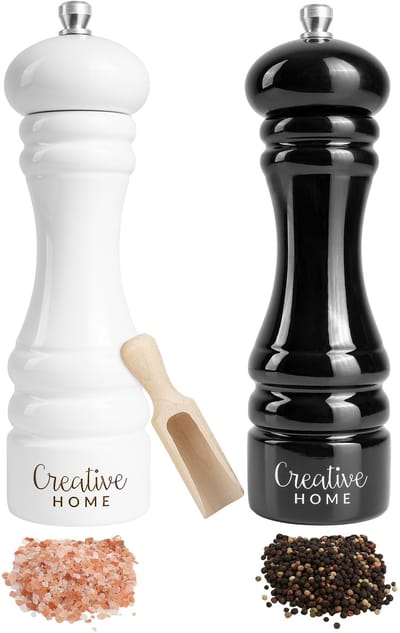 Creative Home Grote Houten Peper en Zoutmolen Wit Zwart| Set van 2 met Mini Houten Lepel | 18 x 5 cm | Beukenhout | Handmatig