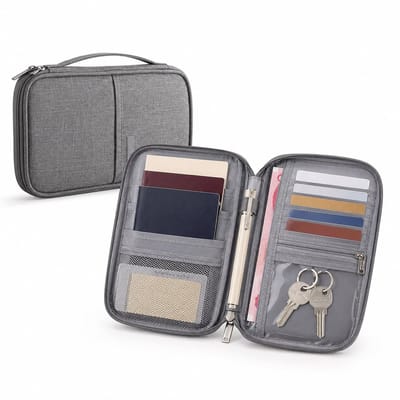 Consumerce® Canvas Reisportefeuille en Paspoorthouder – Grijs – Document Organizer – Travel Wallet Organiser – Papier File Houder – Reispapieren Mapje – Reisportemonnee – Portefeuille – Hoes – Hoesje - Cover
