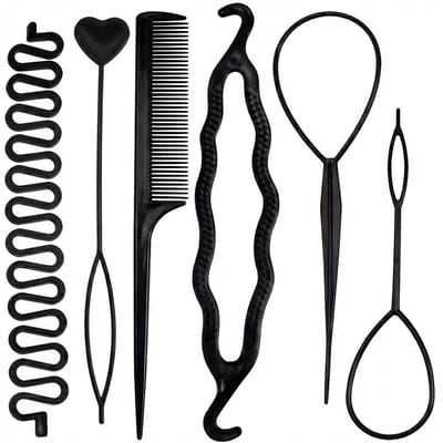 Zwart haar styling set – 6 delige kunststof haar tools met puntkam en haarlussen – flexibel styling hulpmiddel voor dames en heren – geschikt voor opsteekkapsels en dagelijks gebruik
