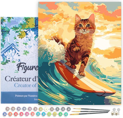 Figured'Art Schilderen op Nummer Volwassenen met lijst Surfende kat- Handwerk acrylverf Kit DIY Compleet - 40x50cm Canvas al ingelijst