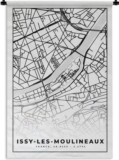 Wandkleed - Wanddoek - Kaart - Stadskaart - Frankrijk - Plattegrond - Issy-les-Moulineaux - Zwart wit - 120x180 cm - Wandtapijt