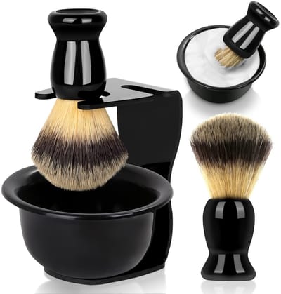 3-in-1 Mannen Scheerkwast Set – Met Kom, Stand en Scheermes Sleuf – Zwart – Geschikt voor Nat Scheren