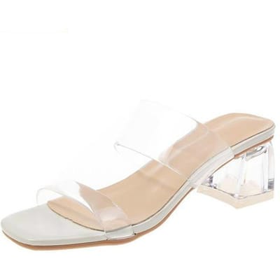 Nouveaux Talons Transparents Pantoufles Sandales Femme Chaussures d'Été Femme Escarpins Hauts Transparents Mariage Gelée Sexy Talons Carrés 34 beige
