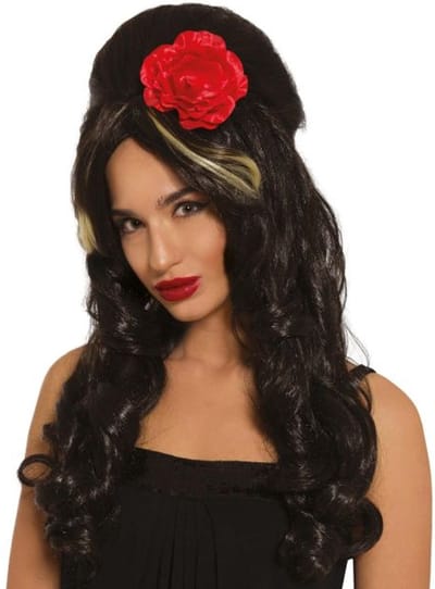 Fiestas Verkleed pruik Amy Winehouse - met rode roos - bruin met witte lok - popster