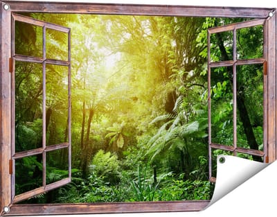 Gards Tuinposter Doorkijk Tropische Jungle met Zonneschijn - 90x60 cm - Tuindoek - Tuindecoratie - Wanddecoratie buiten - Tuinschilderij