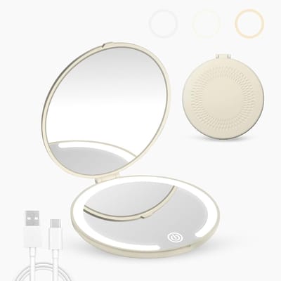 LED Make-up Spiegel - Verlichte Schmink Spiegel met Vergrotingsfunctie - Mini Reis Schminkspiegel met Vergroting - 1X en 5X Draagbare LED Zakspiegel - Dubbelzijdig USB Oplaadbaar Touchscreen - Geschikt als Cadeau voor Vrouwen en Meisjes - Khaki