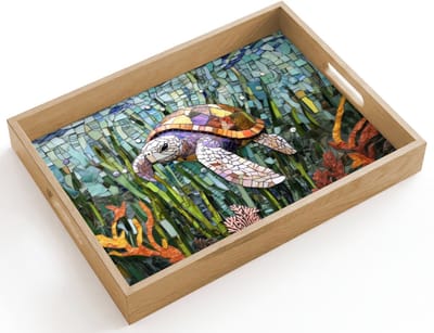 Dienblad hout 40x30 cm - Schootdienblad - Schildpad - Zeewier - Mozaïek - Borrelplank rechthoek - Plateau dienbladen
