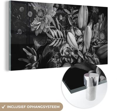 MuchoWow® Glasschilderij 120x60 cm - Schilderij acrylglas - Boeket - Stilleven - Bloemen - Planten - Rood - Foto op glas - Schilderijen