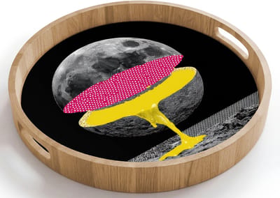 Dienblad rond 40x40 cm - Schootdienblad hout - Maan - Geel - Roze - Zwart - Borrelplank rechthoek - Plateau houten dienbladen