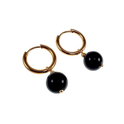 ∅16mm x 2mm Oorringen Dames - Verguld RVS - Oorbellen met Obsidiaansteen Hanger