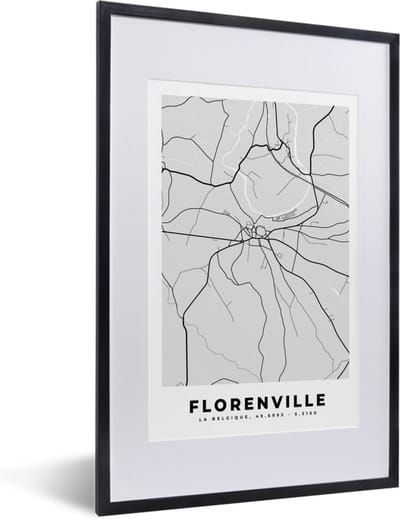 Fotolijst incl. Poster Zwart Wit- Kaart – Plattegrond – Stadskaart – Florenville – België – Zwart Wit - 40x60 cm - Posterlijst