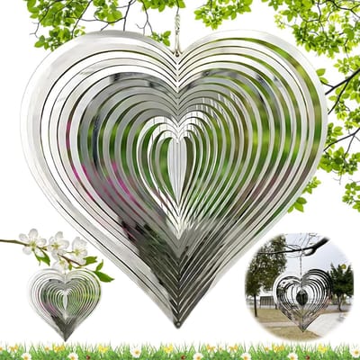Hart Windspel - 3D Draaiende windvanger - Spinner - Hanger zonnevanger - Windgong - Spiegel - Decoratie voor buiten - Achtertuin - Tuin decoratie - Vogelafschrikking - Voor buiten woonkamer,raam gang,terras en tuin - 15*15cm - Zilver