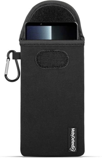 MobyDefend Hoesje - Geschikt voor Sony Xperia 1 V - Neopreen Pouch Met Karabijnhaak - Insteek - Riemlus - Zwart