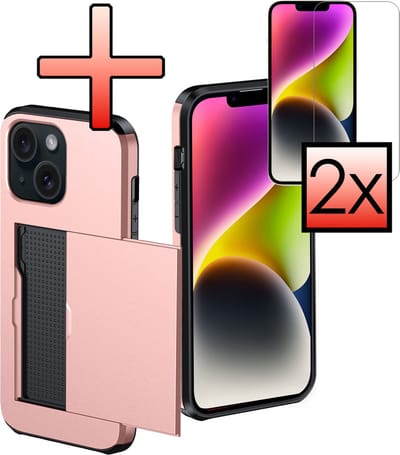 Hoes Geschikt voor iPhone 14 Hoesje Pasjeshouder Hard Cover Met 2x Screenprotector Shock Proof Hard Case Hoes Met Kaarthouder - Rosé goud